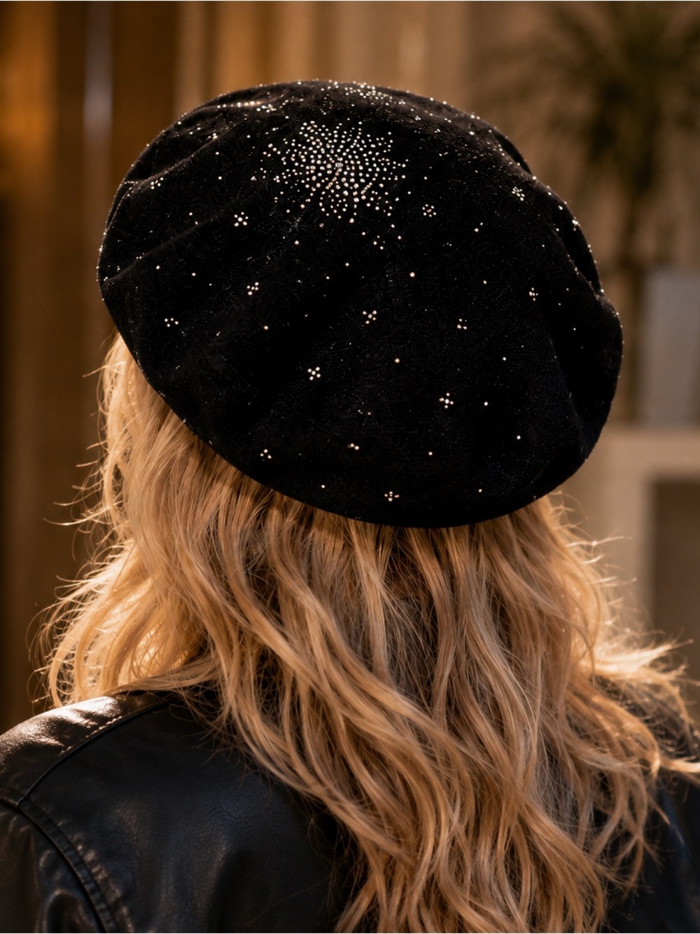 Black Velvet Beret with Crystal Accents - Women Accessories - Picture 3 of 4